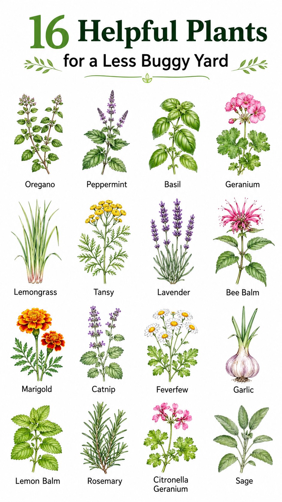 Sixteen illustrated insect repellent plants for a yard, including marigold, catnip, feverfew, and garlic