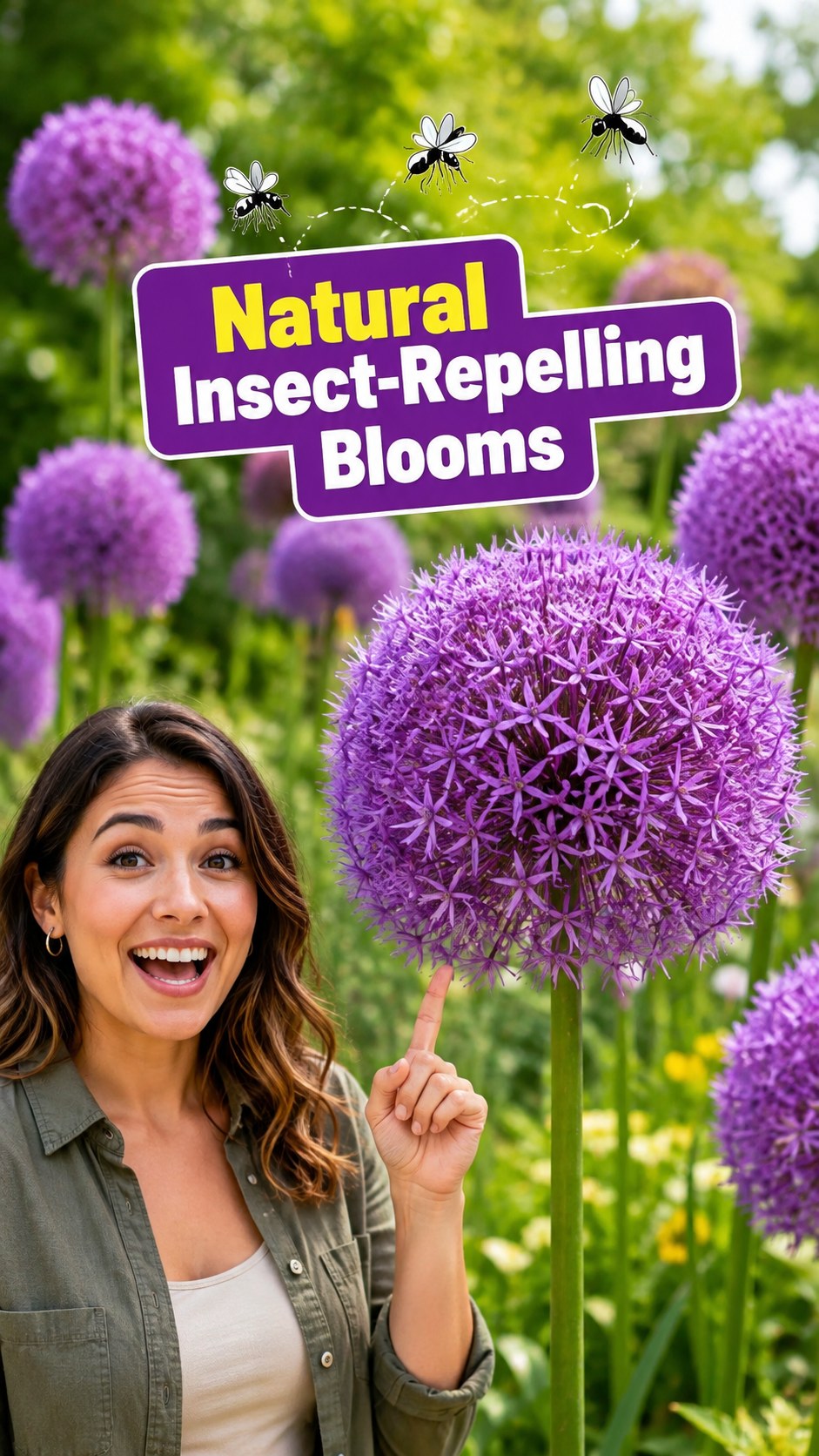 Tall purple ornamental allium blooms shown as a natural insect-repelling flower for garden borders