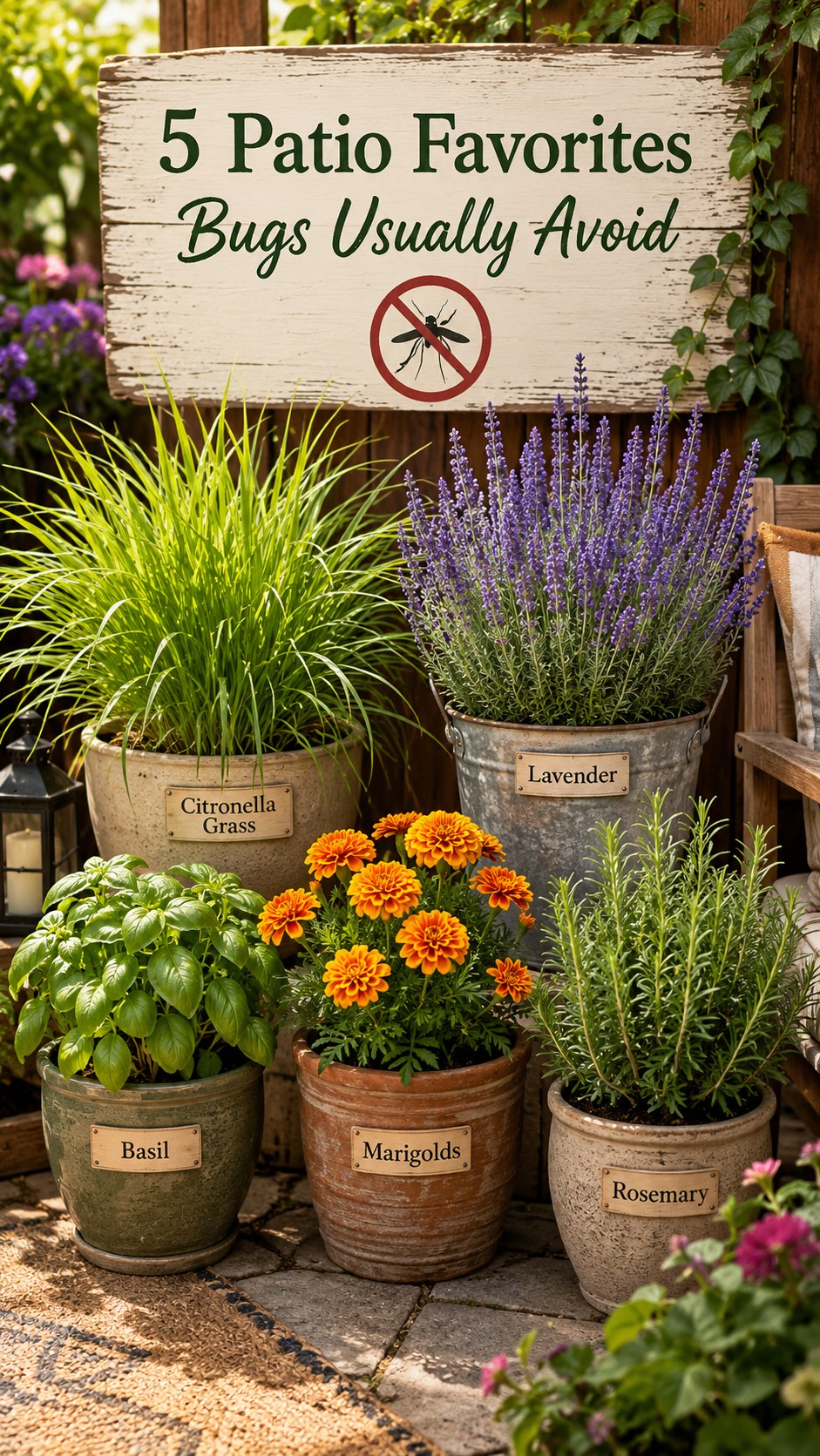 Five potted patio favorites, citronella grass, lavender, basil, marigolds, and rosemary, bugs usually avoid