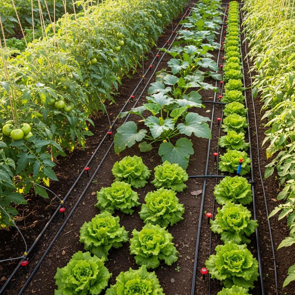 Drip irrigation watering vegetable beds