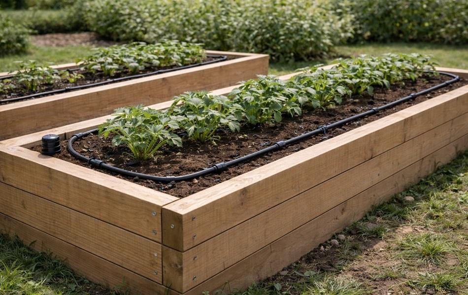 Drip irrigation in raised bed garden