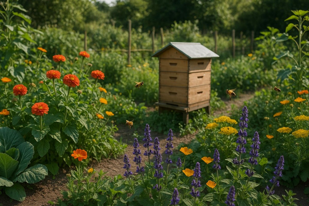 Bees visiting flowers in garden