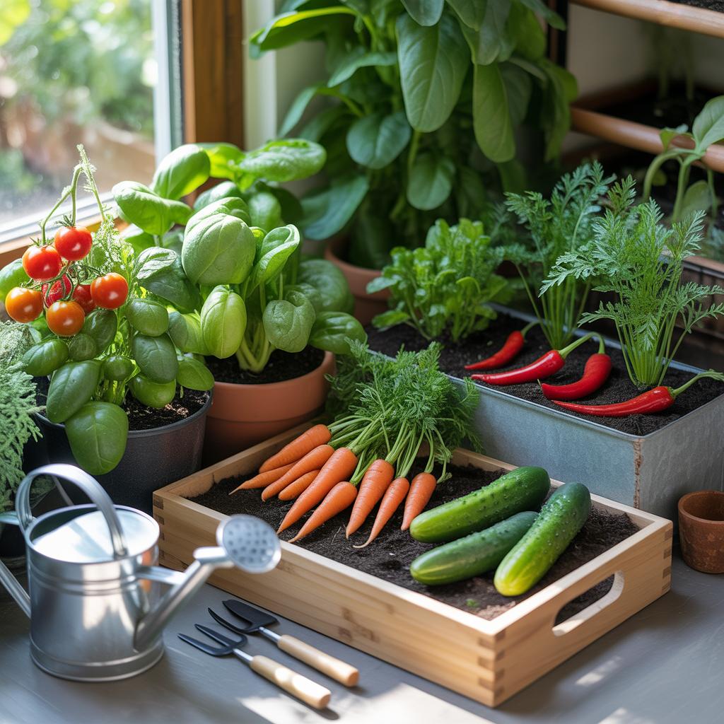 Kitchen garden containers with vegetables