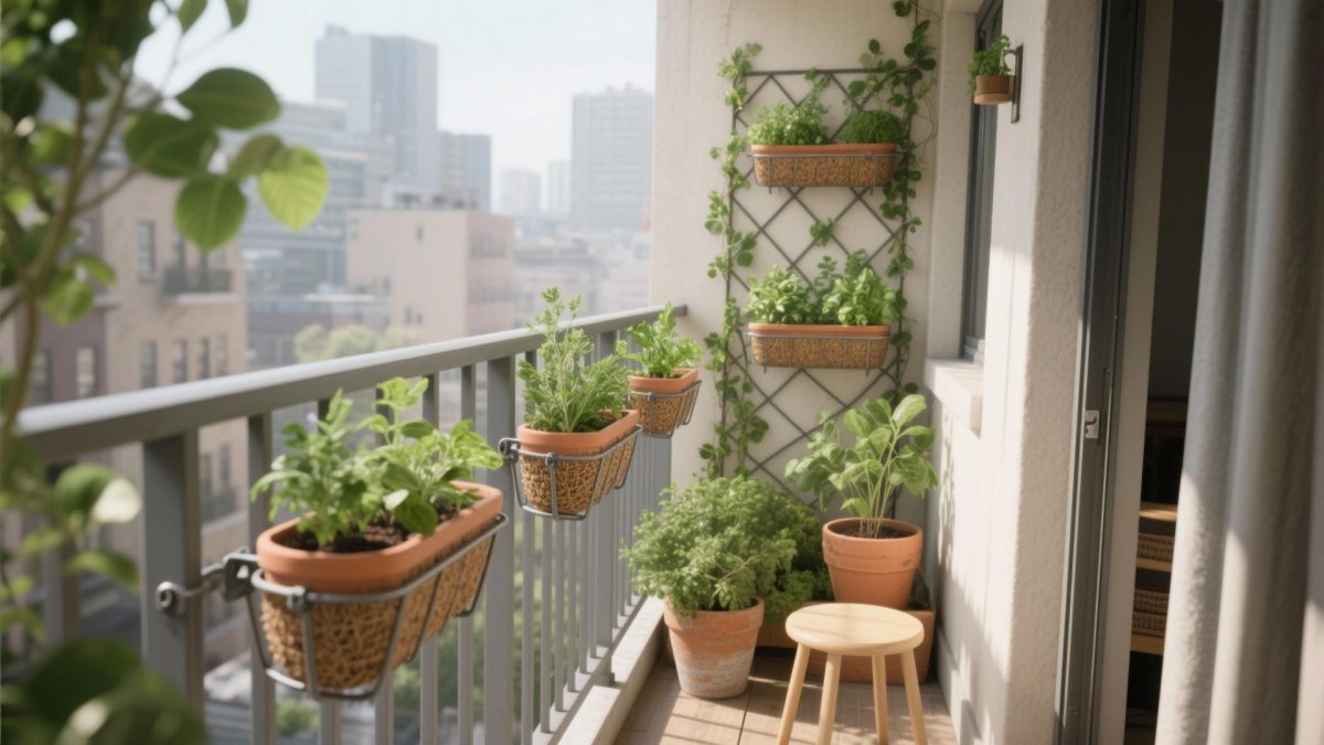 Kleine kompakte Topfpflanzen auf einer schmalen gemütlichen Terrasse