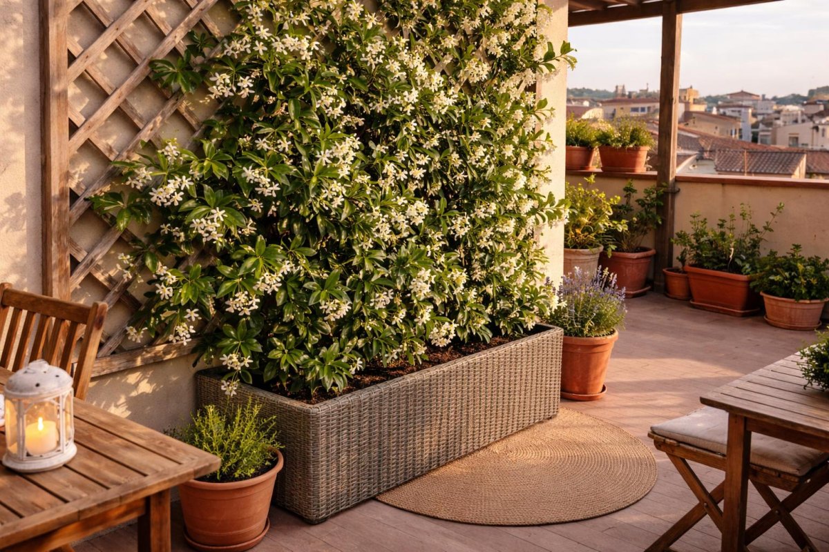 Kletternder Sternjasmin und Clematis an Rankgittern auf der Terrasse