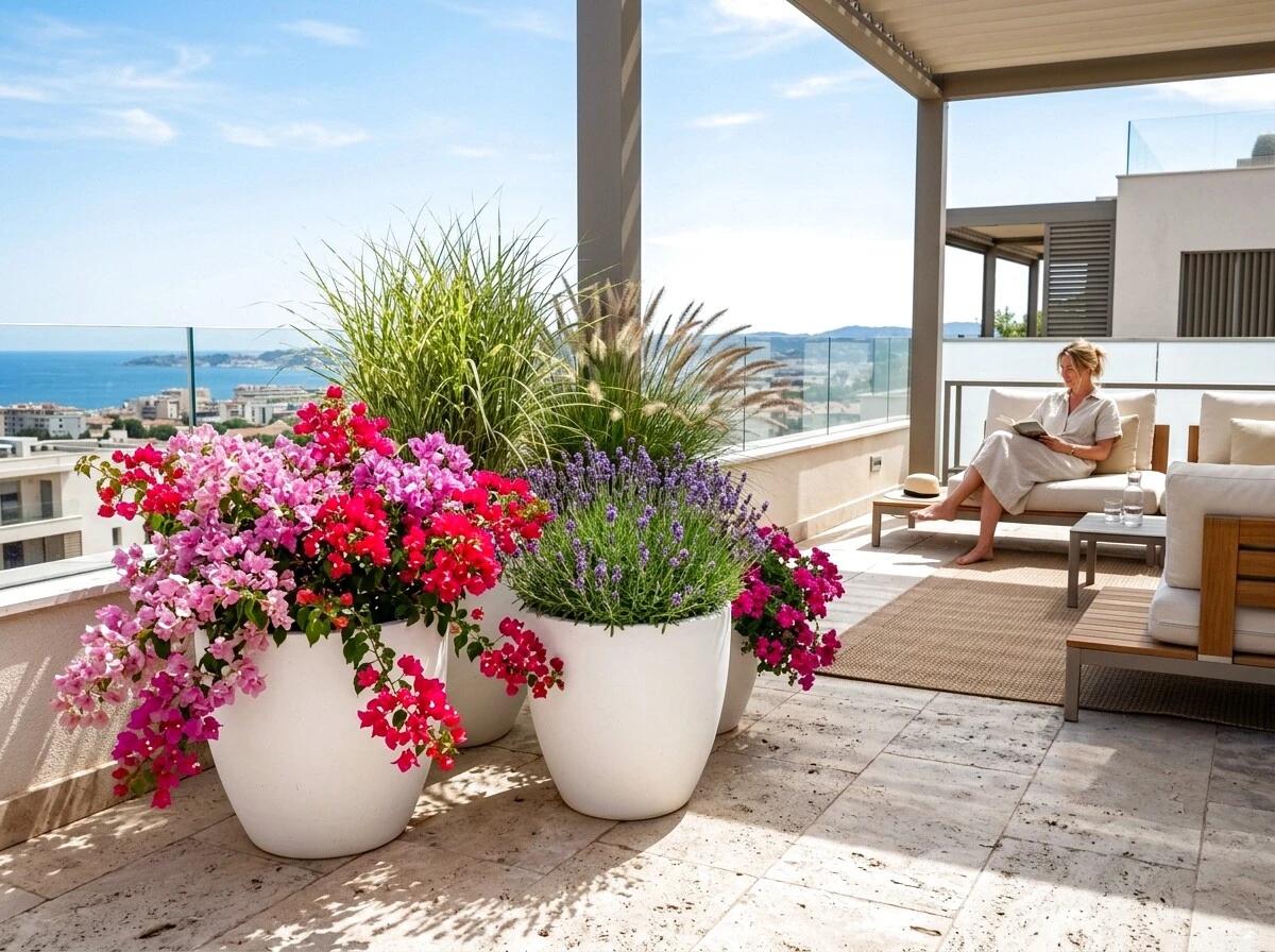 Sonnenliebende Kübelpflanzen mit Lavendel Rosmarin und Bougainvillea
