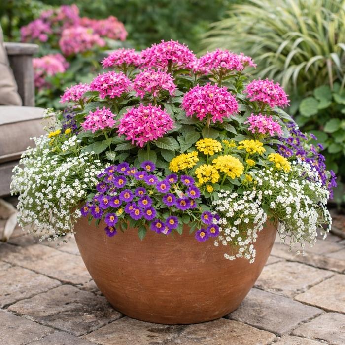 Orange lantana pink pentas and purple trailing verbena in a sunny container