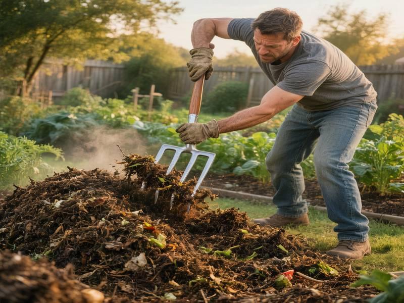 Turning compost pile with garden fork