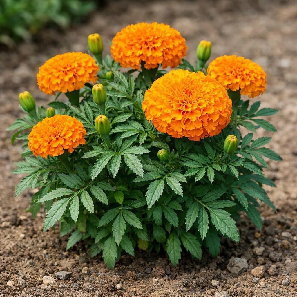 Marigold flowers in a garden bed