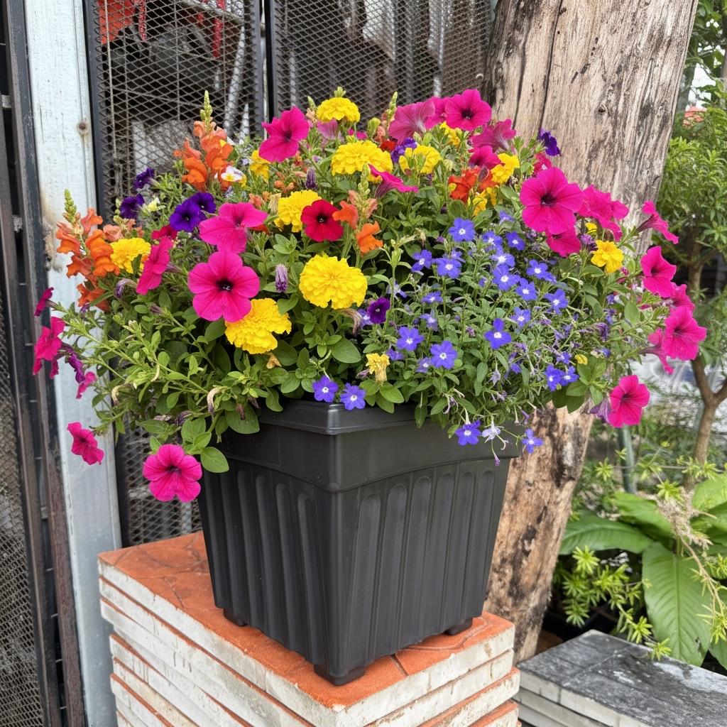 Yellow marigolds magenta petunias and colorful calibrachoa in a black planter