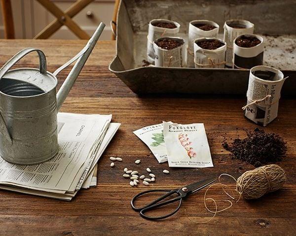 Newspaper pots and gardening supplies