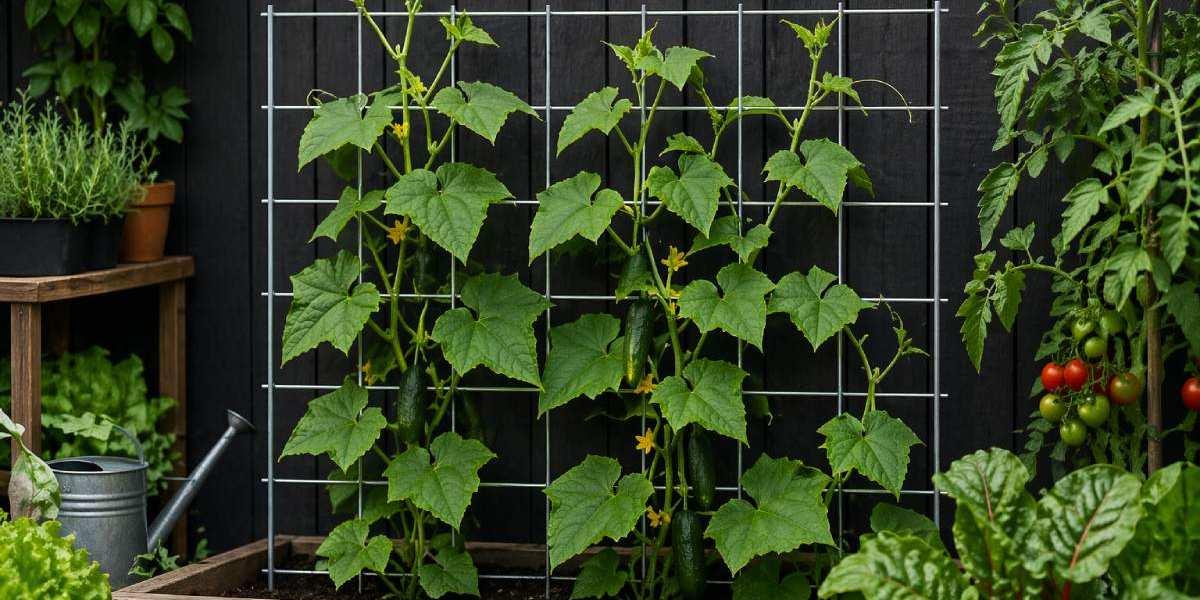 Metal grid cucumber trellis supporting healthy climbing plants