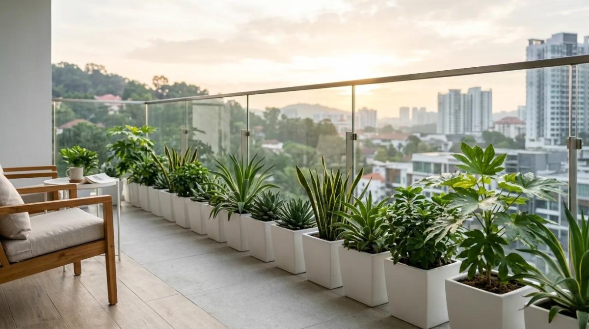 Modern balcony garden with matching white planters and sculptural green foliage