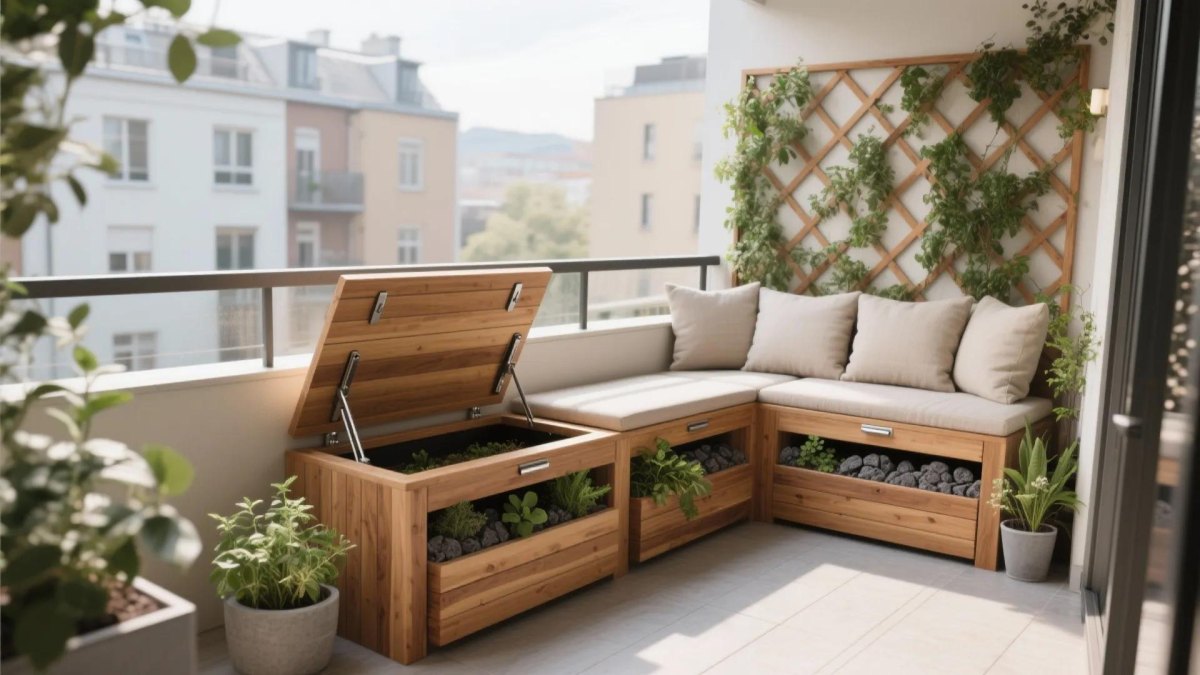 Compact wooden balcony bench surrounded by integrated garden planters