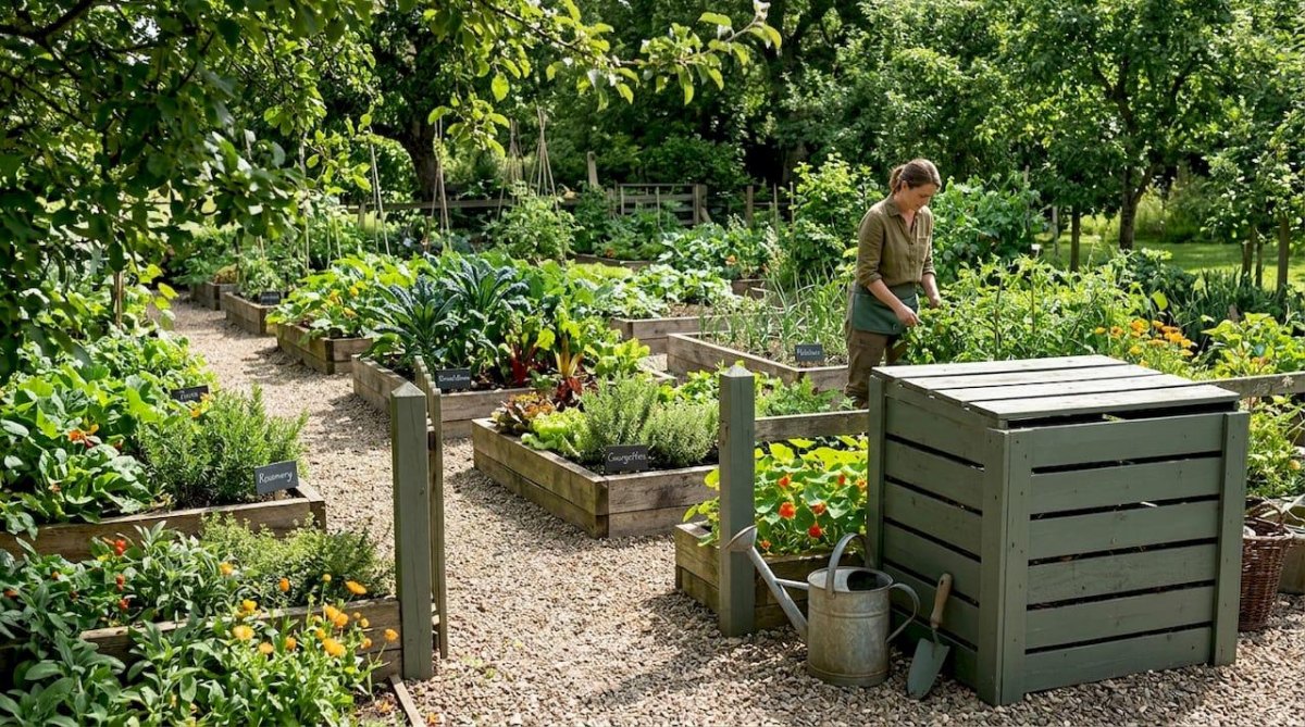 Compost bin beside vegetable garden beds