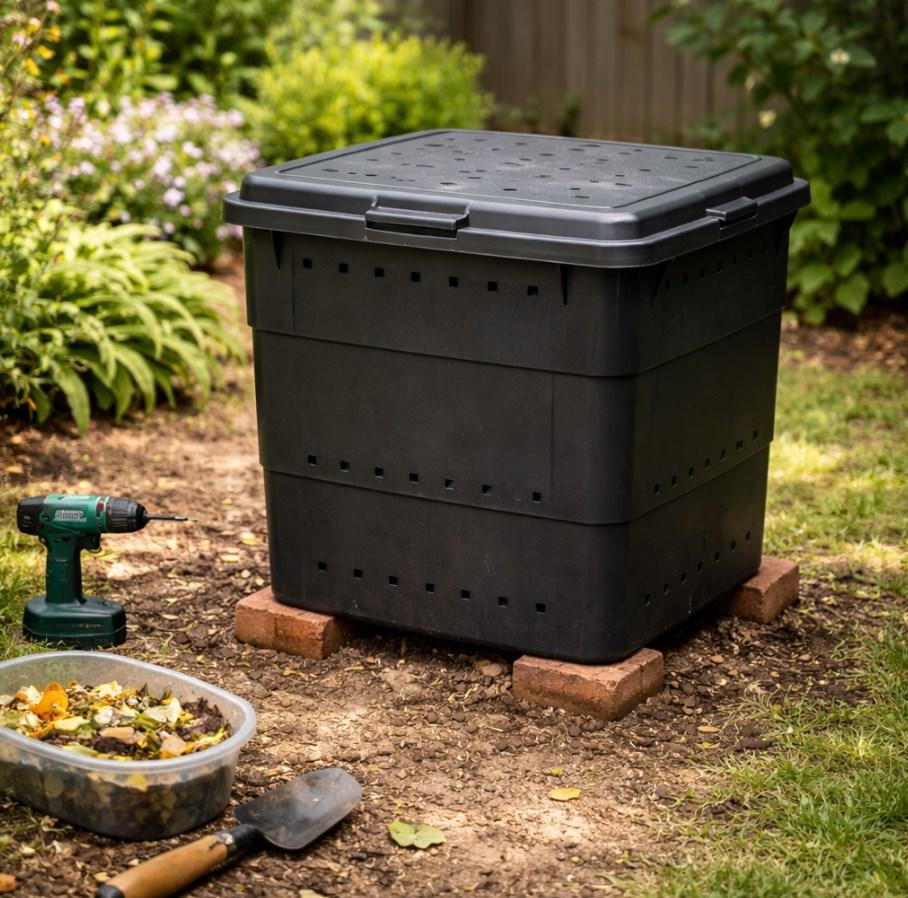 Compost bin on level drained garden soil