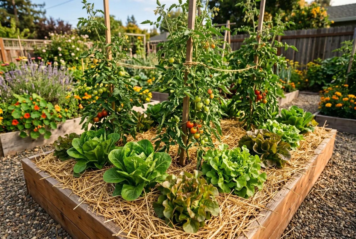 Straw mulch on raised vegetable bed