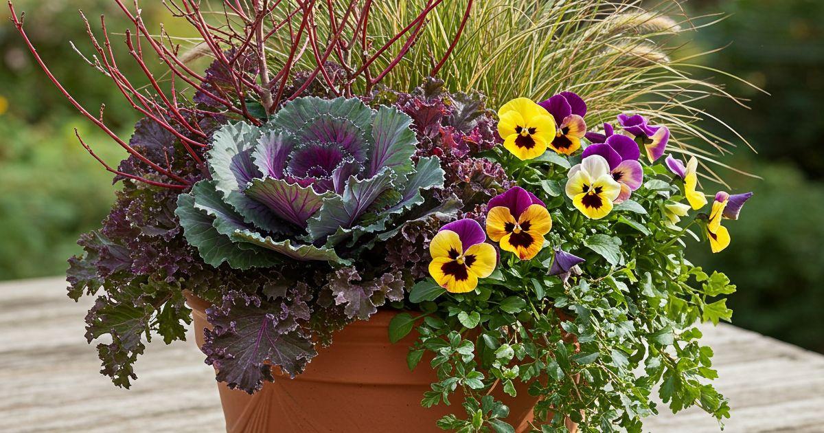 Purple and yellow pansies with violas and a central ornamental kale rosette