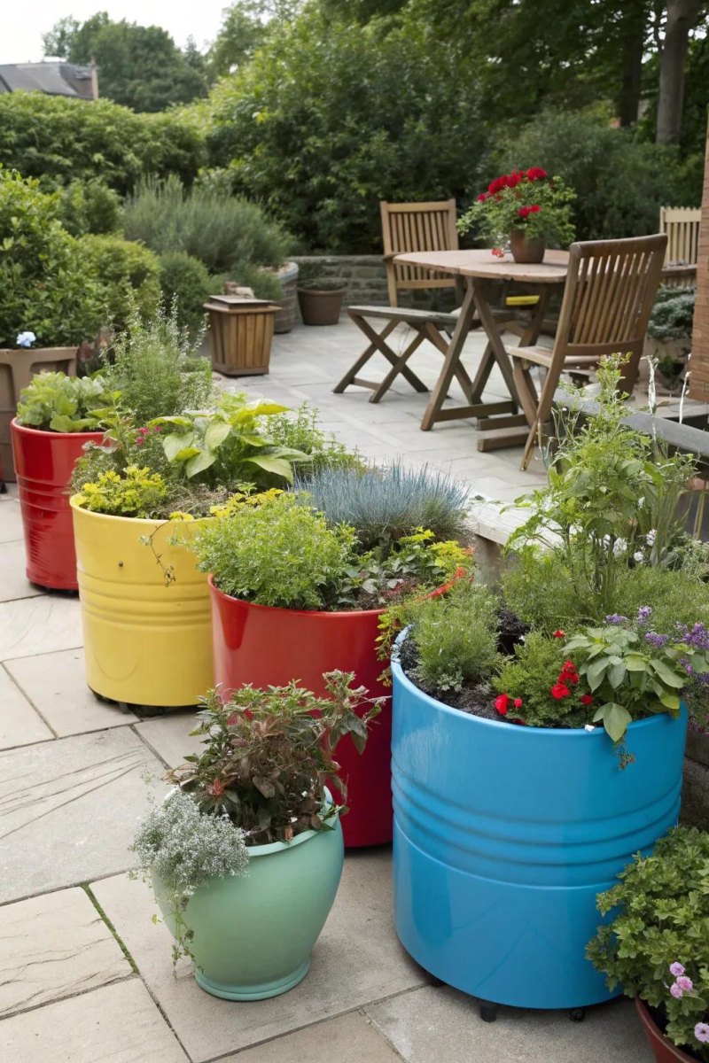 Patio filled with vegetable containers