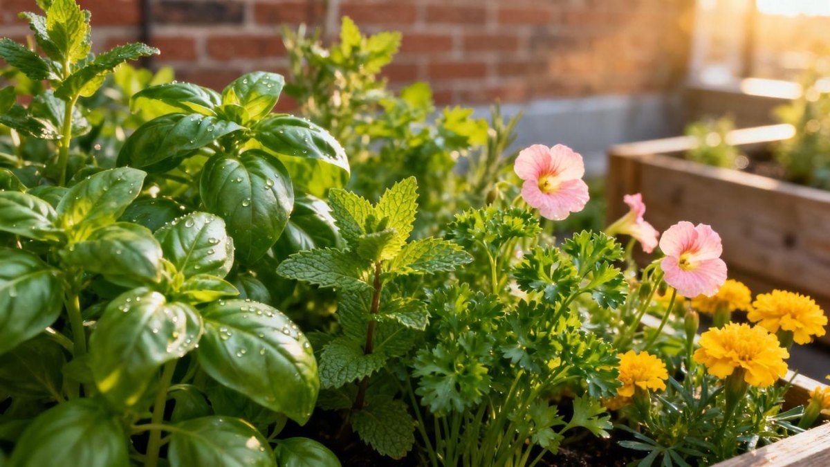 Raised herb garden with mixed culinary herbs and flowering companion plants