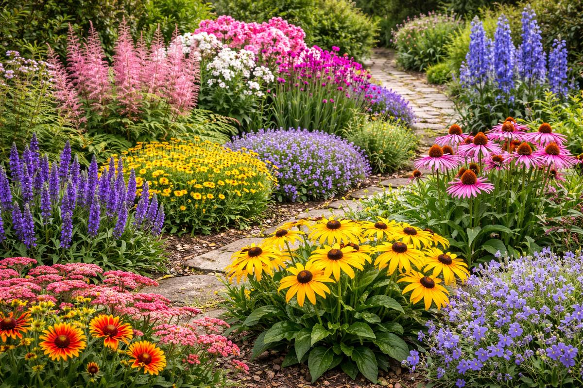 Summer flower garden in full bloom