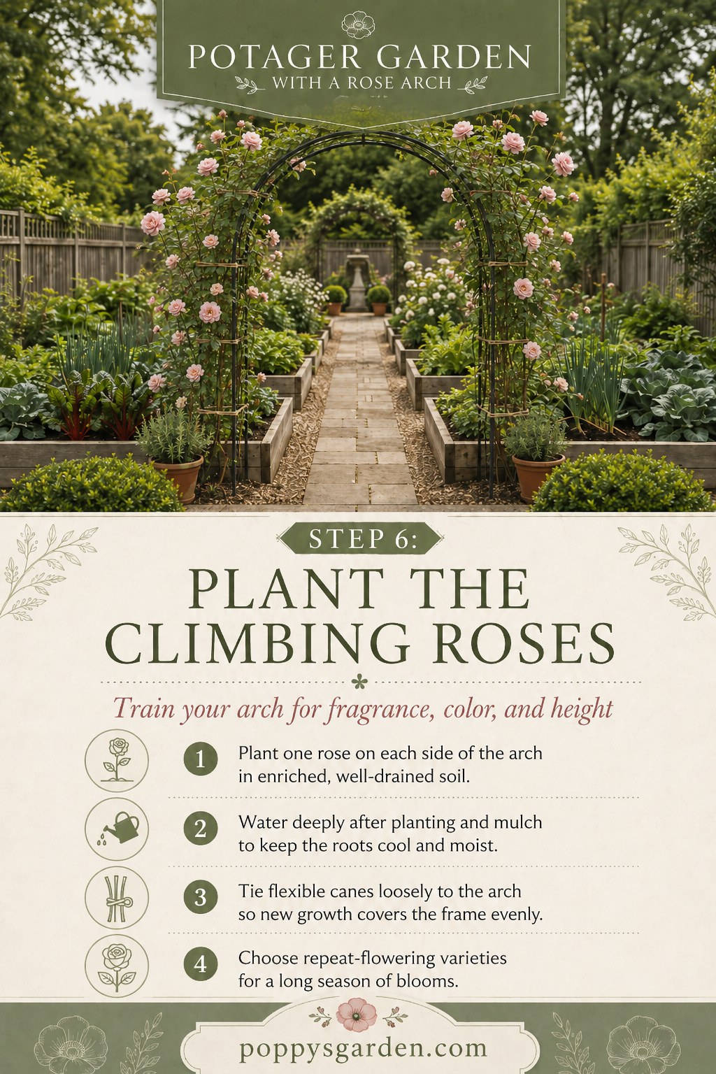 Young climbing roses freshly planted and tied at the base of a potager garden with a rose arch