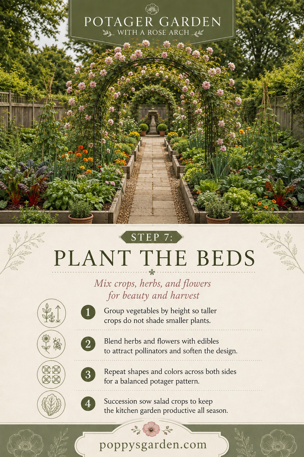 Mixed vegetables, herbs, and flowers planted in symmetrical beds beside a potager garden with a rose arch
