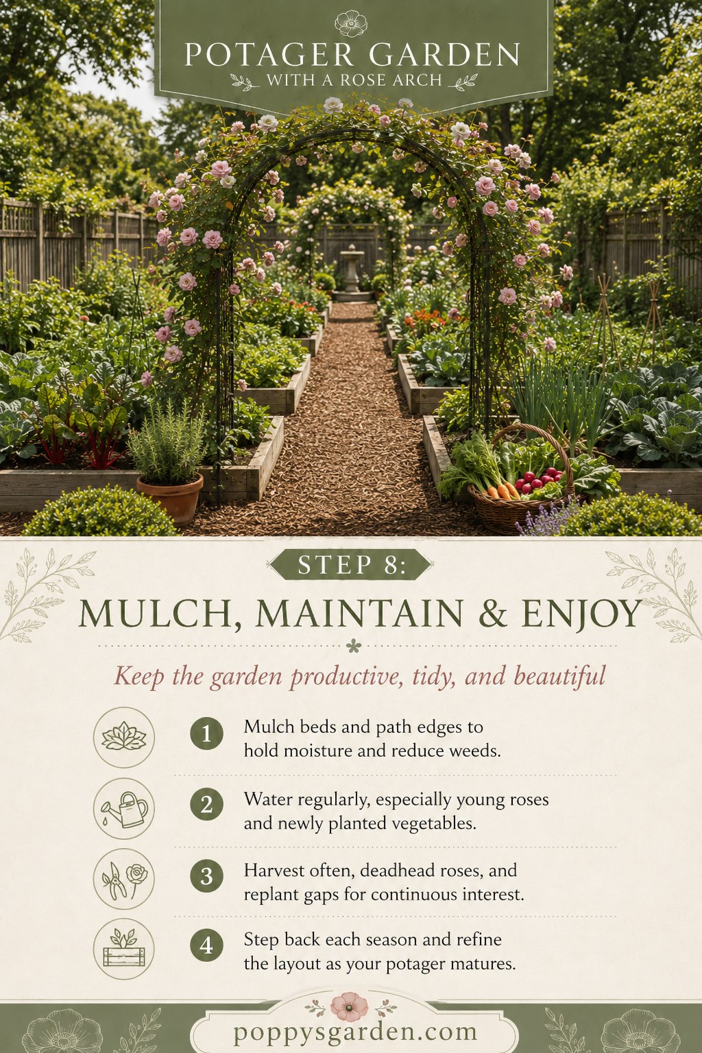 Mulched paths and blooming roses in a fully planted potager garden with a rose arch