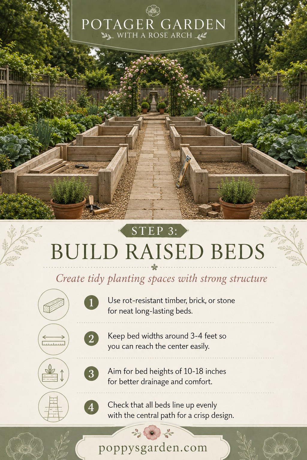Timber raised beds framed on both sides of the path for a potager garden with a rose arch