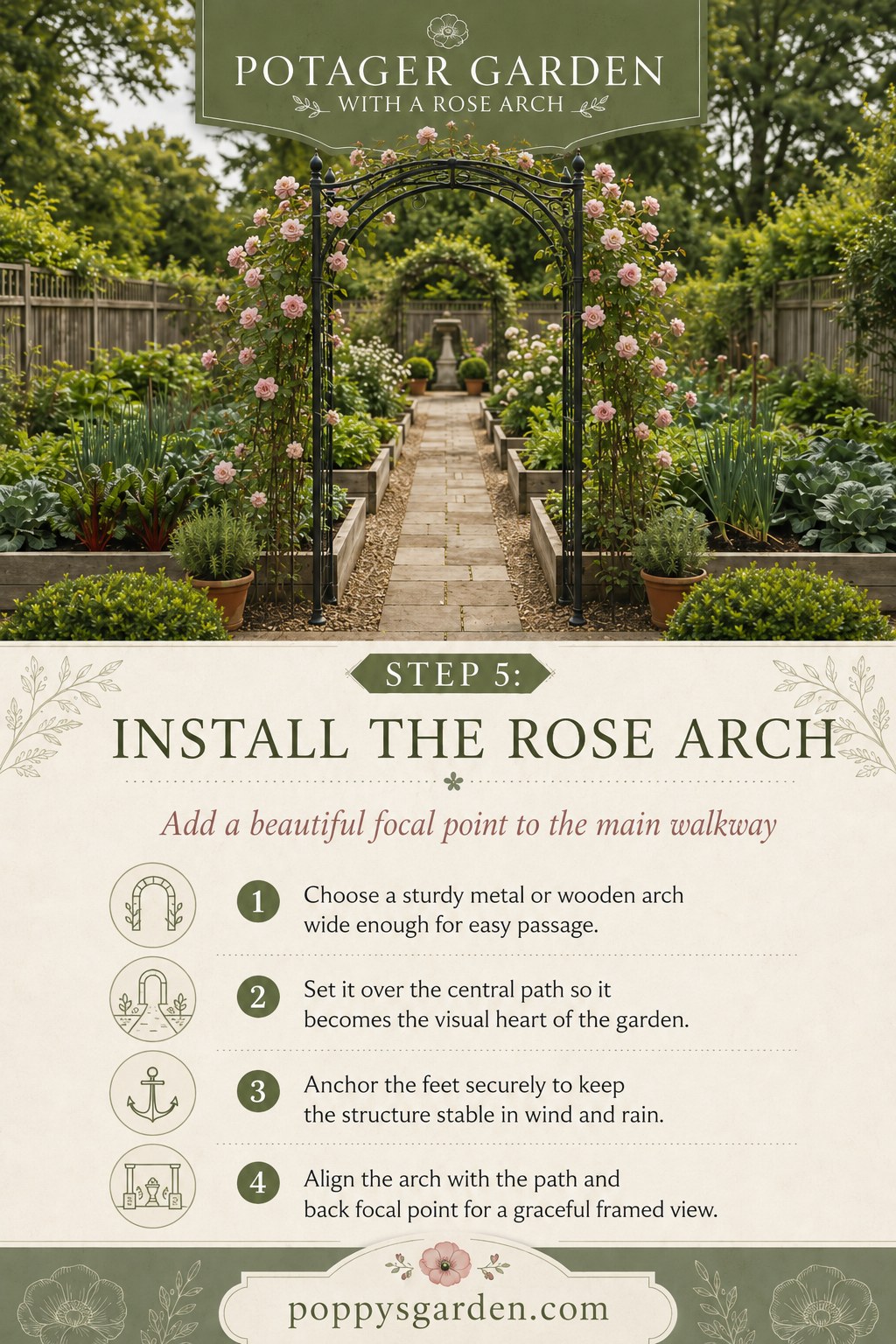 A sturdy metal arch newly anchored over the central path of a potager garden with a rose arch