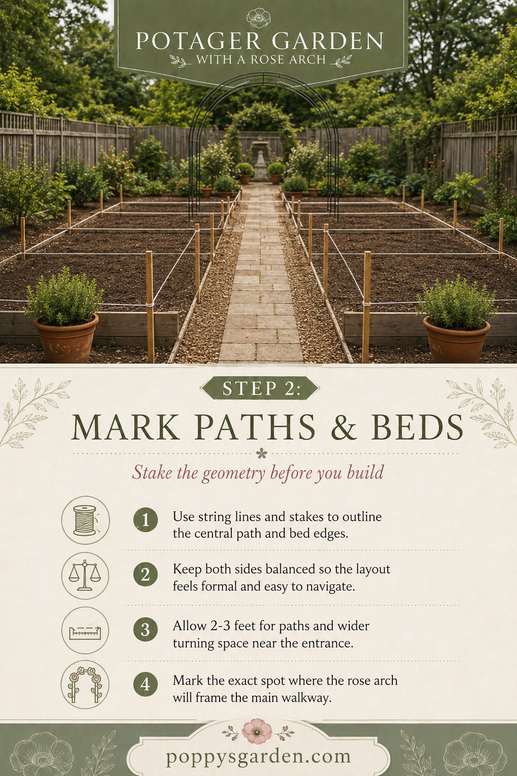 String lines and stakes marking bed edges before building a potager garden with a rose arch
