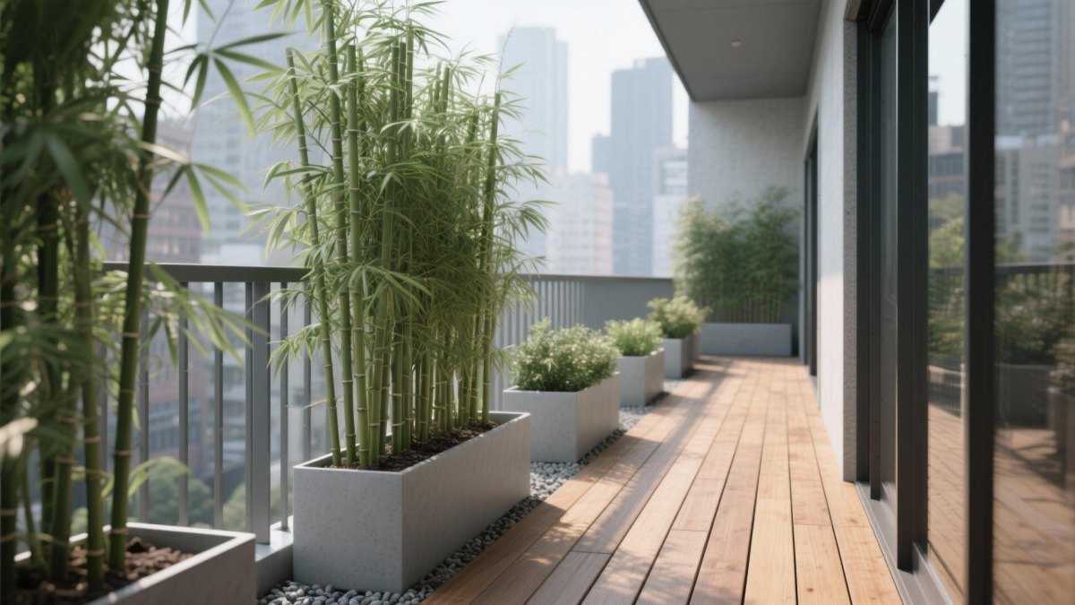 Minimalist balcony garden with tall bamboo planters and a clear wooden-deck walkway