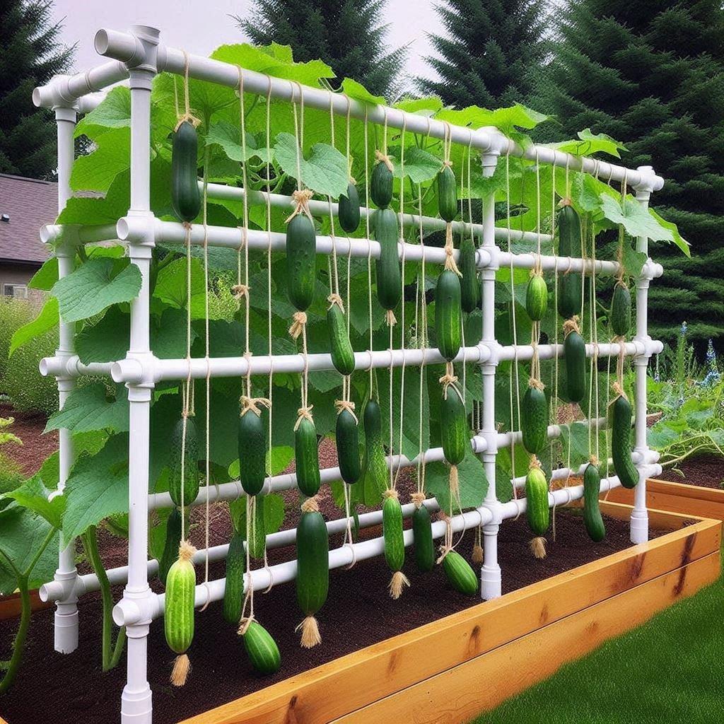 PVC pipe cucumber trellis frame supporting hanging cucumbers