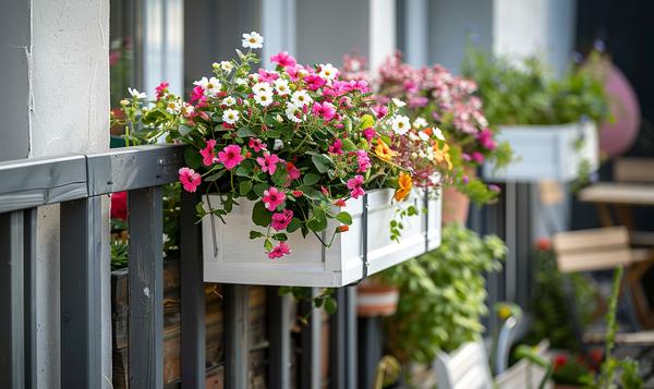 Small balcony garden with a white railing planter filled with colorful cascading flowers