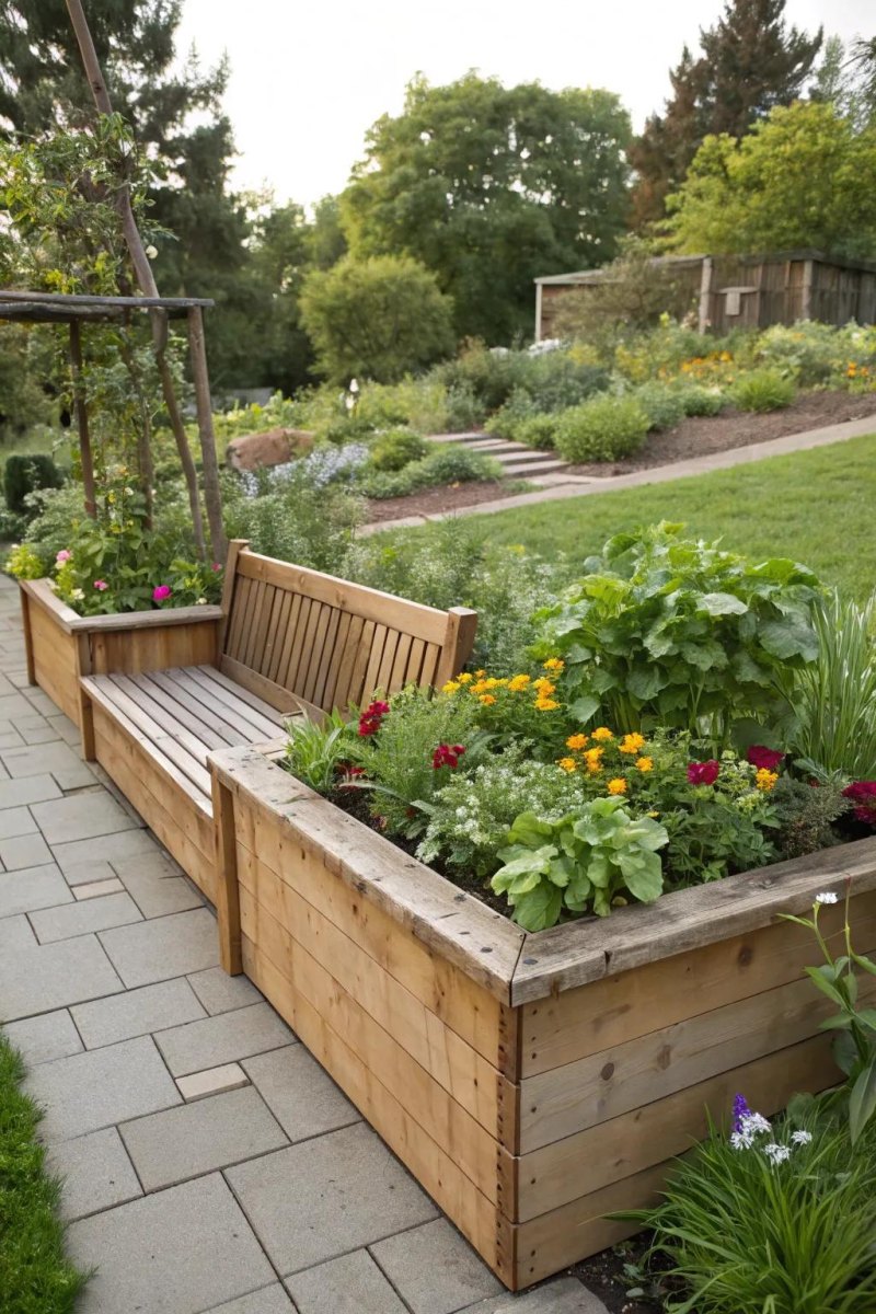 Raised bed with seating bench