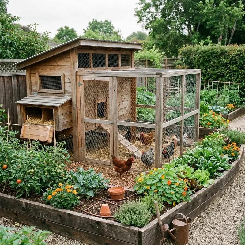 Backyard chickens near vegetable garden