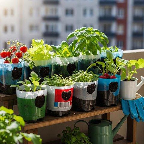 Recycled containers growing vegetables