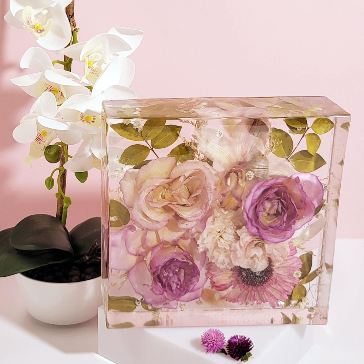 Flowers preserved inside clear resin