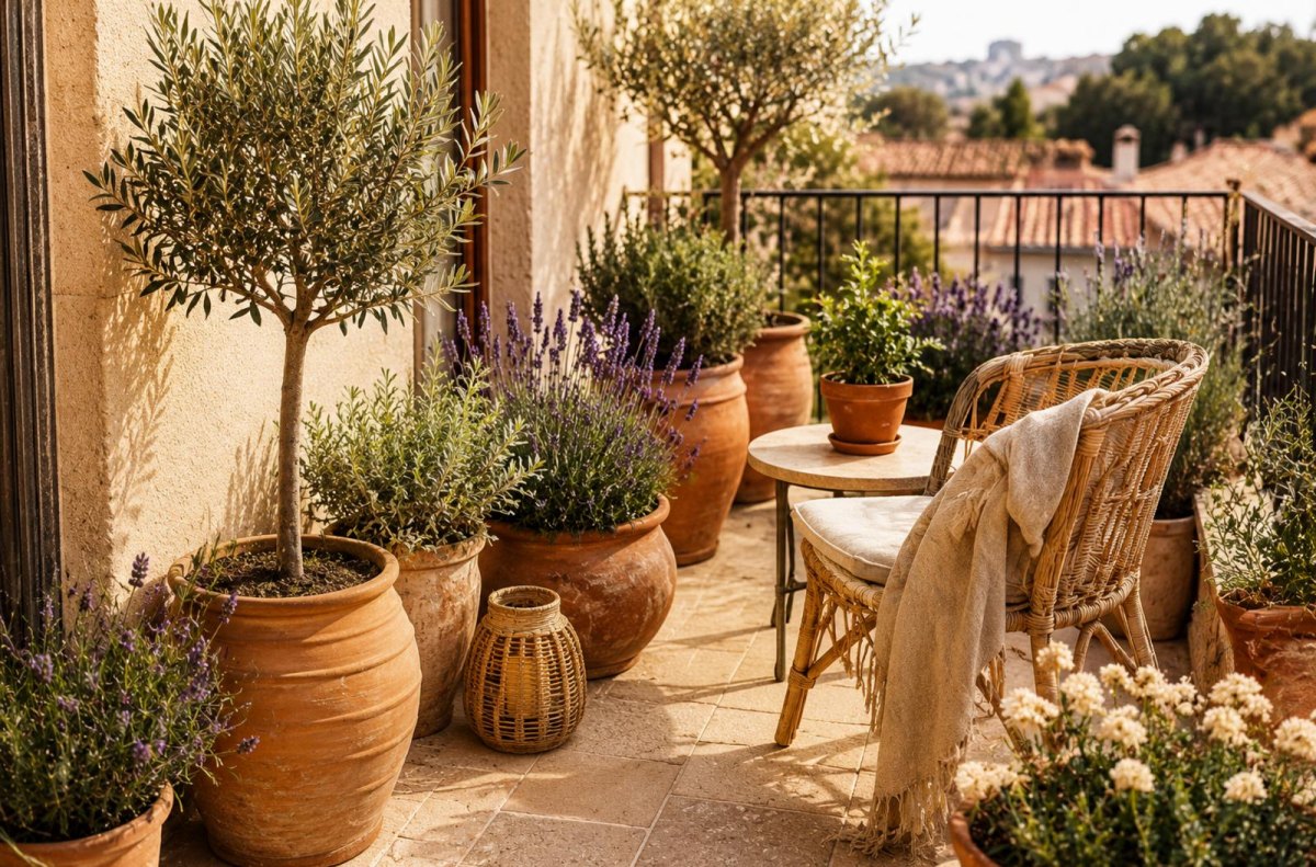 Mediterranean balcony garden with terracotta pots, lavender, rosemary, and an olive tree