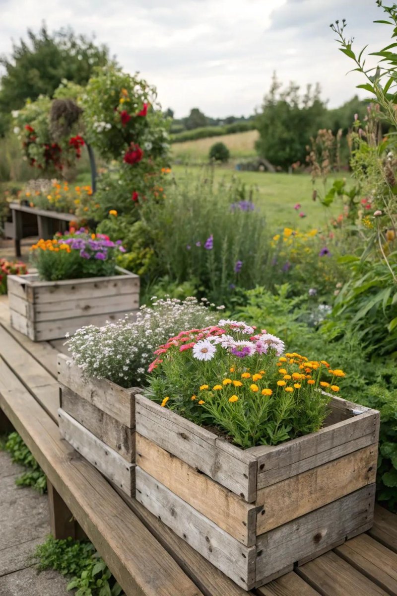 Rustic wooden planters with flowers
