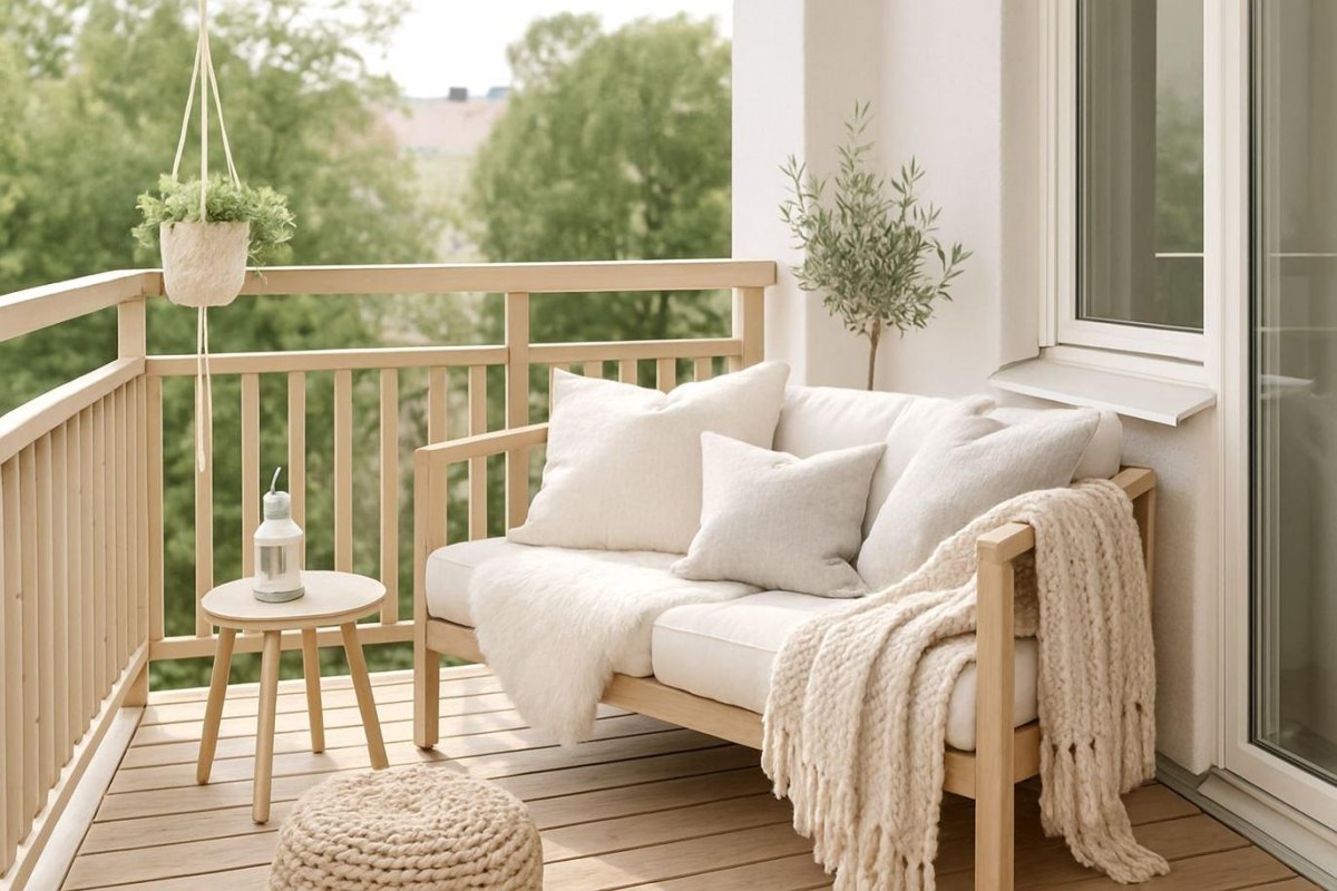 Neutral balcony garden with a pale wooden loveseat, cream cushions, and potted greenery