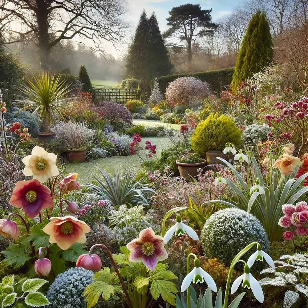 Winter flowers with evergreen garden plants