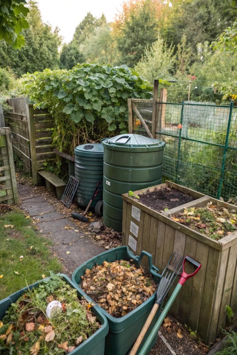 Compact compost station in backyard corner