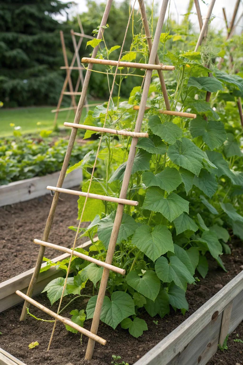 Wooden ladder cucumber trellis supporting vertical cucumber vines