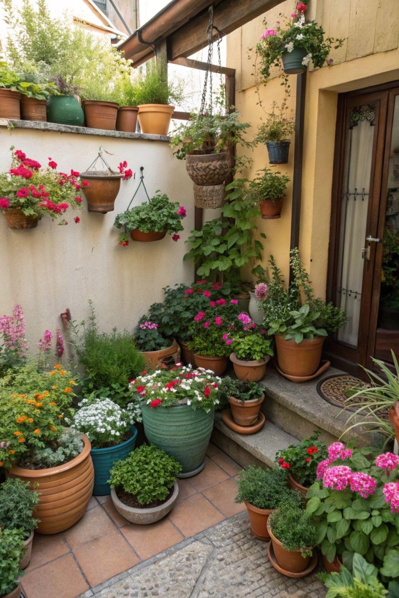 Small corner filled with garden containers