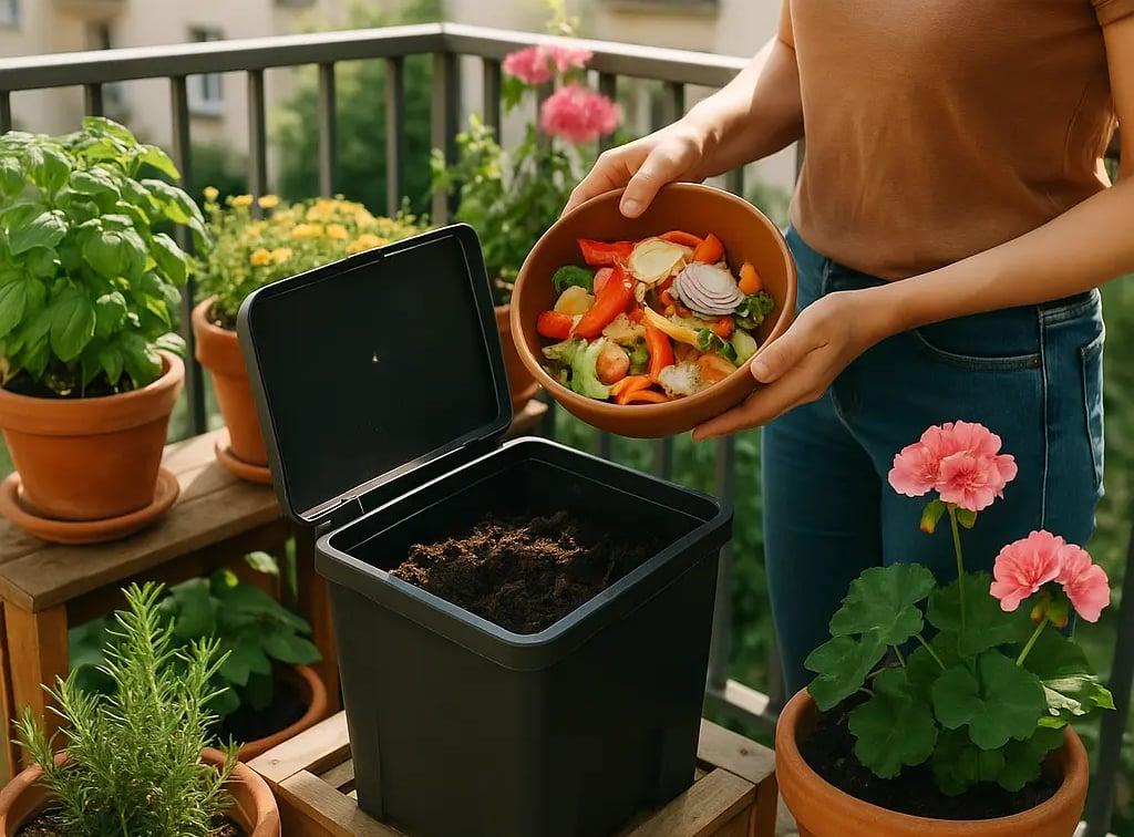 Compact compost bin on balcony