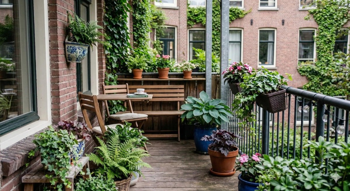 Compact shade-loving pots arranged in a small garden space