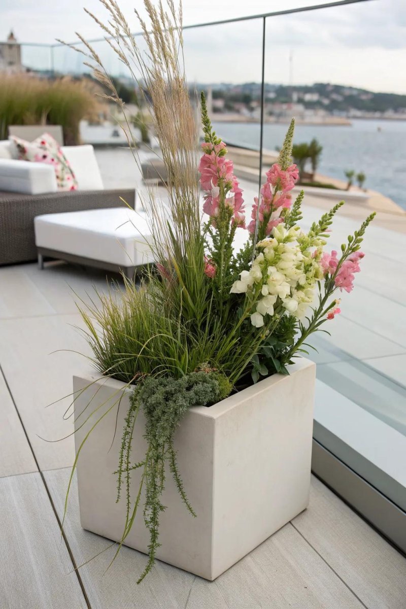 Pink snapdragons white sweet alyssum and ornamental grass in a patio pot
