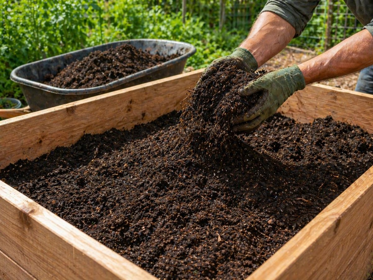 Prepared soil inside raised garden bed