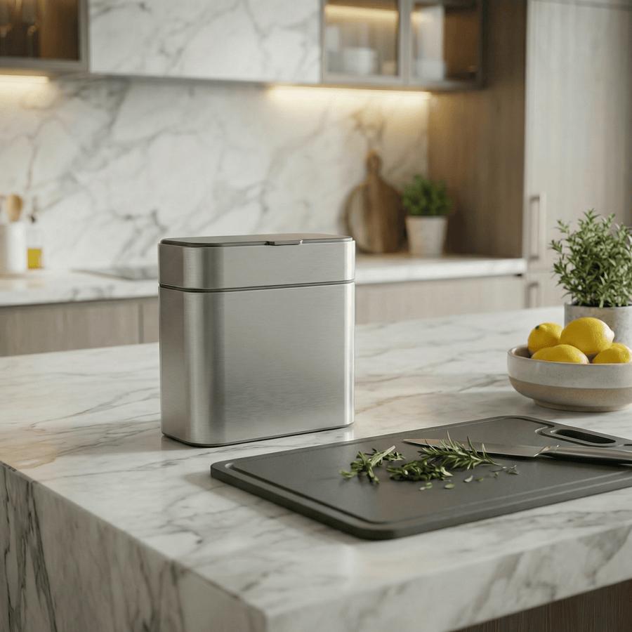 Stainless steel compost bin on kitchen counter